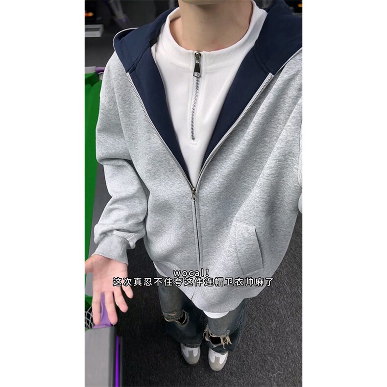 重磅高品质硬挺boxy26春装美式高街结构撞色拼接连帽卫衣开衫外套,女装短外套,电商A486