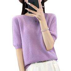 2025新款女士简约大气一线成衣圆领针织短袖，女装针织衫/毛衣，暖烁羊绒
