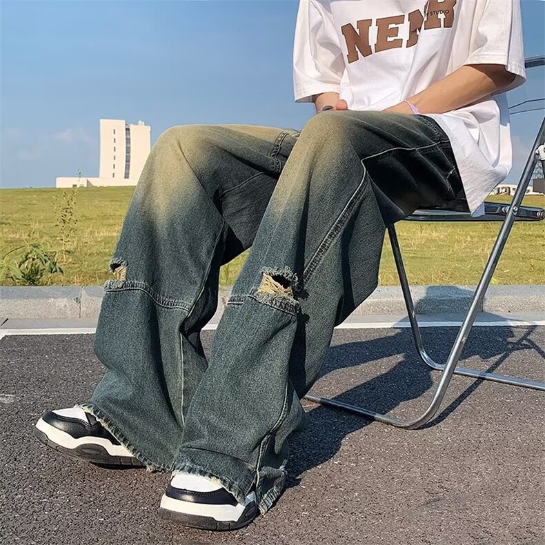 复古美式高街设计感直筒牛仔裤简约风破洞高腰阔腿裤宽松拖地裤子,男装牛仔裤,四季星座218-1