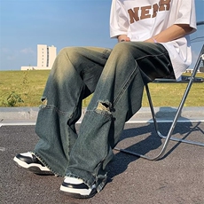 复古美式高街设计感直筒牛仔裤简约风破洞高腰阔腿裤宽松拖地裤子，男装牛仔裤，四季星座218-1