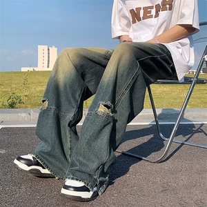复古美式高街设计感直筒牛仔裤简约风破洞高腰阔腿裤宽松拖地裤子图片