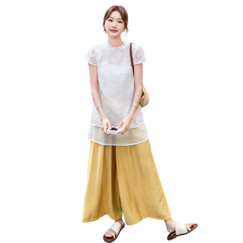 新中式国风休闲套装女2025夏新款气质松弛感提花上衣阔腿裤两件套,女装套装/套裙,2D148