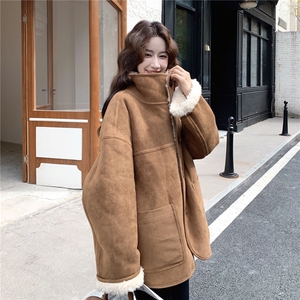 咖色麂皮绒两面穿皮毛一体羊羔毛外套女秋冬2025新款减龄显瘦棉服图片