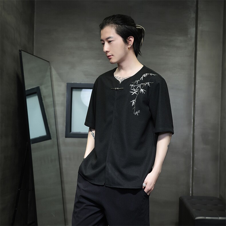 新中式金属扣风潮T恤短袖民族服竹子刺绣汉服时尚T2410-P55,男装T恤,电商A227