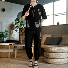 夏季套装风男刺绣棉麻复古宽松大码汉服，男装休闲套装，星座1206（原A206）