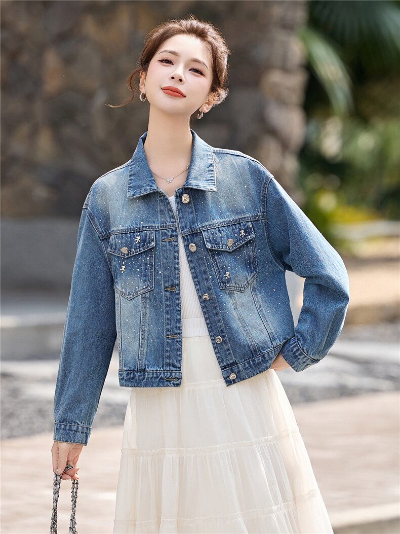 『现货』镶钻2026春夏小马装新复古蓝色水洗牛仔外套女小个子夹克,女装短外套,意芙