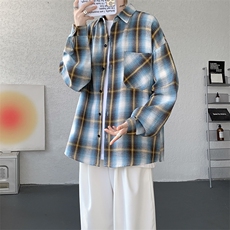 衬衫男秋季新款港风宽松大码磨毛格子长袖衬衣CS131-特P28，男装衬衫，星座214-3