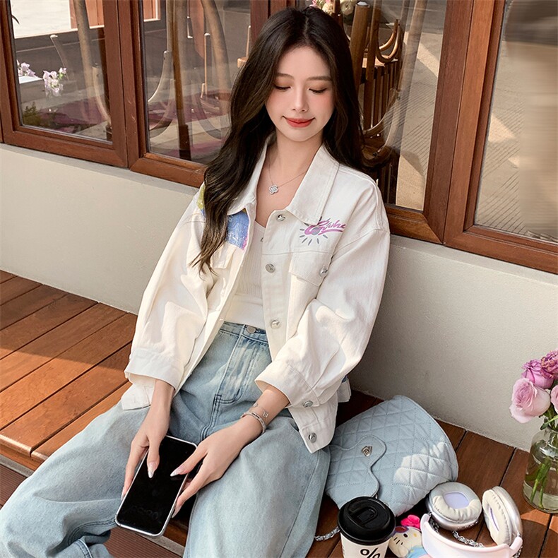 美式中袖爆款牛仔外套女2025春秋季新款韩版简约宽松时尚夹克上衣,女装短外套,纯色衣恋
