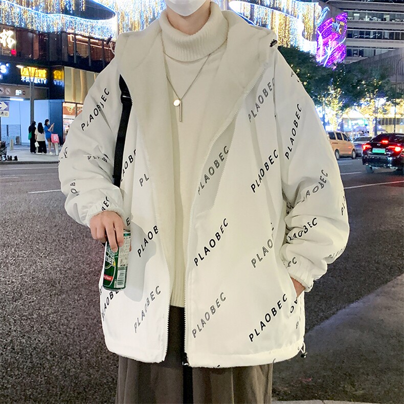 2024冬季加绒加厚棉服羊羔绒连帽百搭双面穿潮流外套男MY102P95图片