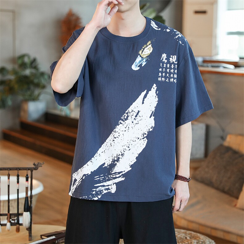 2021夏新风咖啡厅羽毛印花短袖宽松休闲透气亚麻T恤T1519-P30,男装T恤,电商A001