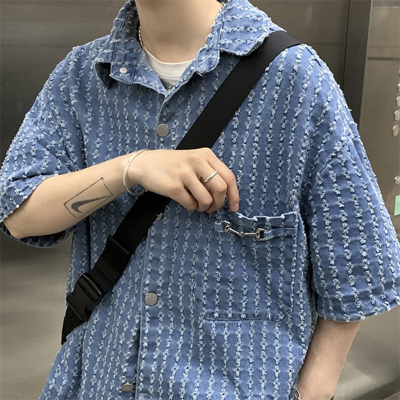 牛仔衬衫男破洞韩版潮流高街帅2022夏季新款ins宽松外套W2714-P48图片