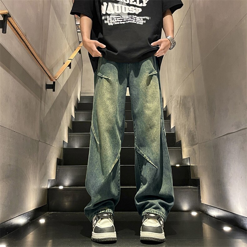 美式高街水洗牛仔裤潮牌设计感宽松长裤子K780特批42,男装休闲裤,星座718-1