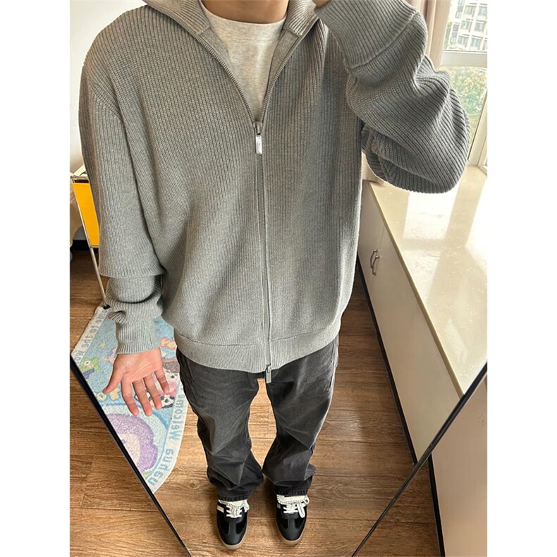 抖音得物保暖立领拉链针织外套秋冬宽松慵懒风纯色毛衣上衣AM02，男装针织衫/毛衣，电商A443