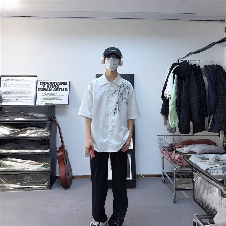 新中式男装风刺绣竹子短袖衬衫男款七分袖衬衣1007-H60-特P35,男装衬衫,星座1007（原301D）