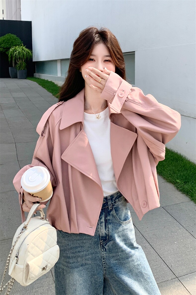 甜酷粉色减龄短款外套女2025春秋季新款韩版休闲百搭显瘦夹克风衣,女装皮衣,2C007