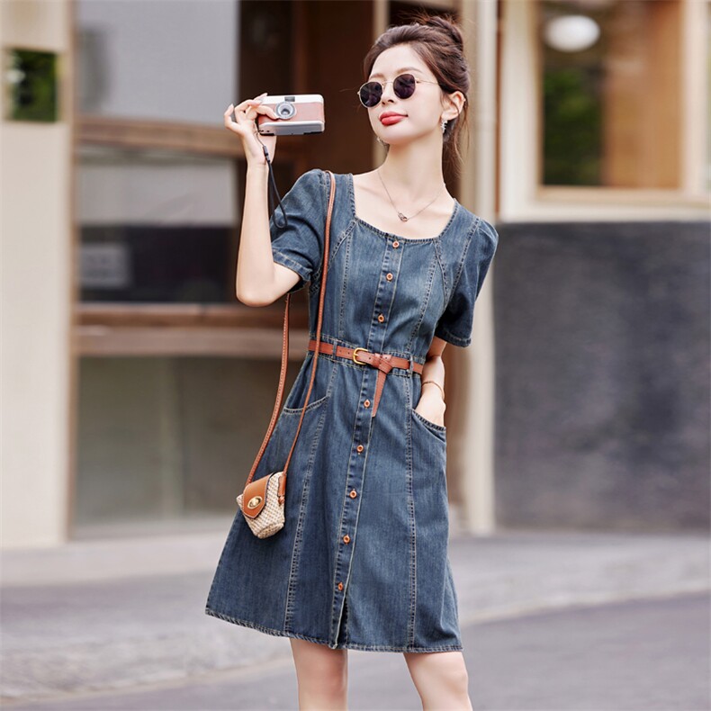 2024年夏款新款简约时尚个性气质圆领收腰显瘦薄款牛仔连裙，女装连衣裙，瑶迪