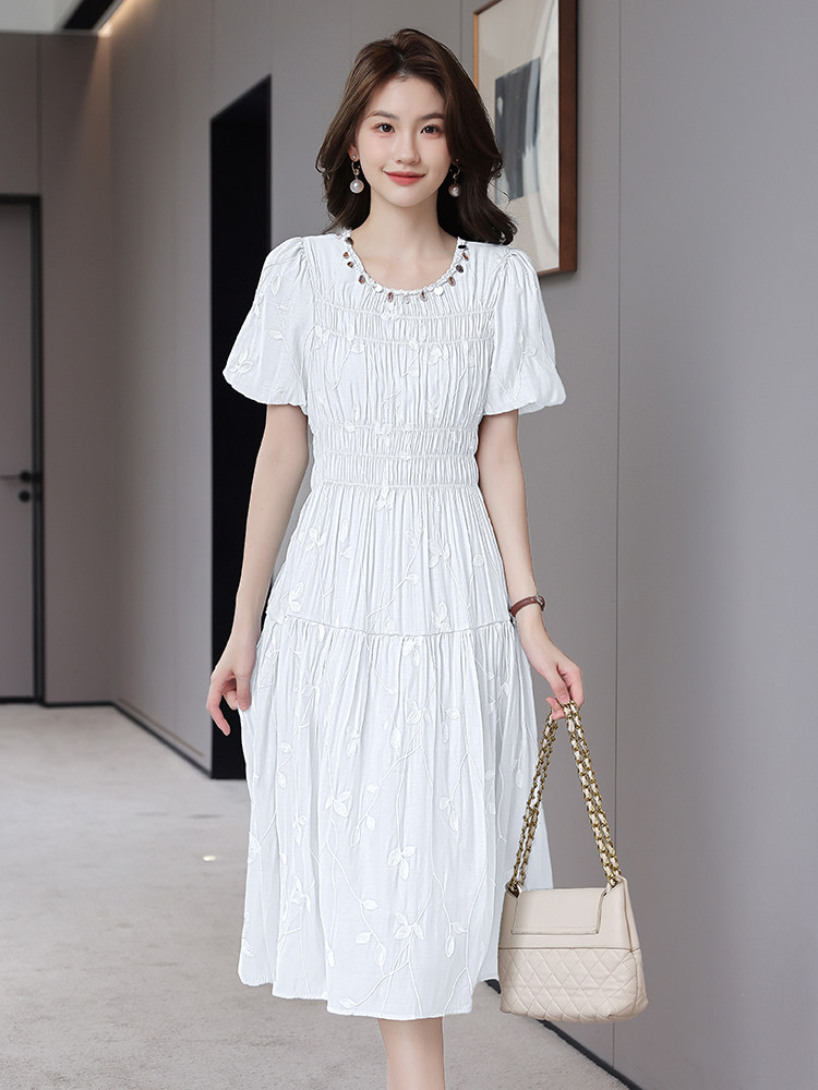 蓝色重工刺绣方领泡泡袖连衣裙女夏季超仙法式漂亮温柔掐腰A字裙,女装连衣裙,火爆靓佳人