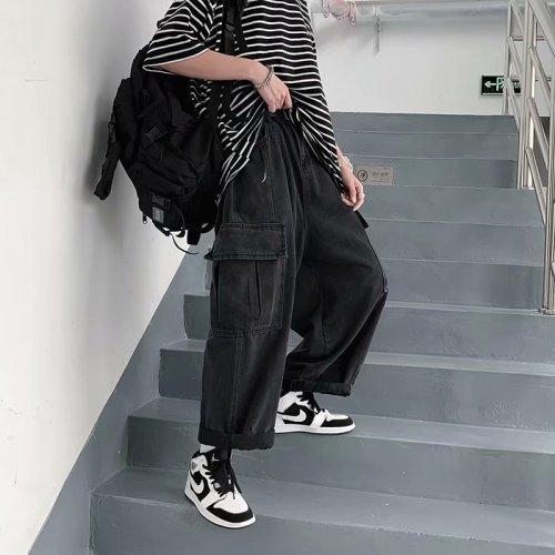 工装牛仔裤男宽松2021港风夏季新款痞子帅气长裤休闲裤K403-P48图片