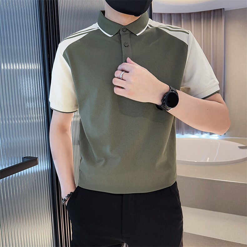 主推2025新款拼接撞色短袖T恤时尚潮流翻领Polo衫A3106-P48,男装T恤,电商D342