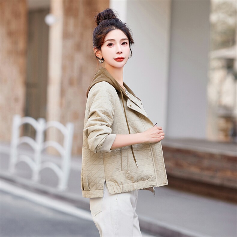 2024春秋季菱形方格短款连帽休闲小个子外套小香风洋气妈妈装上衣,女装短外套,依恋蒂丝