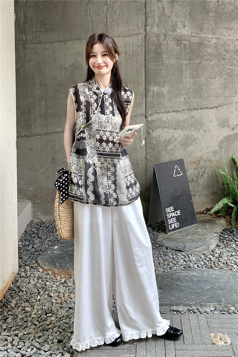 新中式国风绝美拼色包边小衫女夏季2025新款复古盘扣印花无袖上衣,女装蕾丝衫/雪纺衫,秋水欣儿
