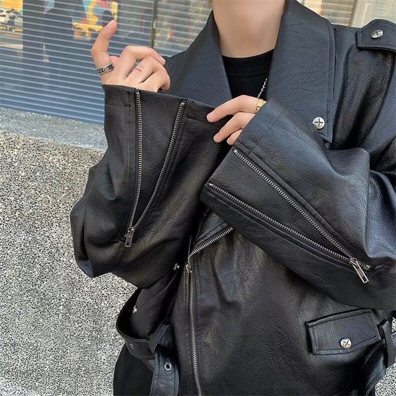 高质量~咖色铆钉皮衣外套潮炸街设计高级感痞帅短款机车服夹克,男装夹克,星座601-2