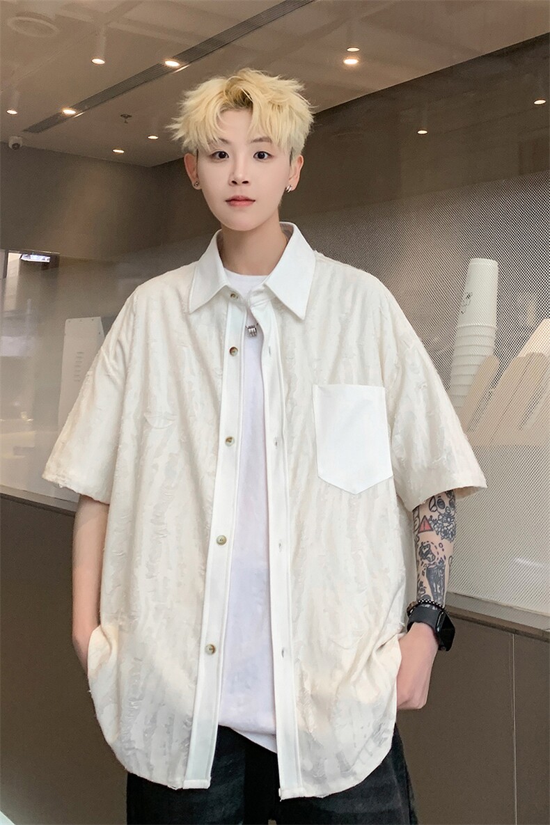 日系松弛感破洞肌理衬衫不规则设计小众潮搭上衣HY527TP38控59,男装衬衫,电商A102B