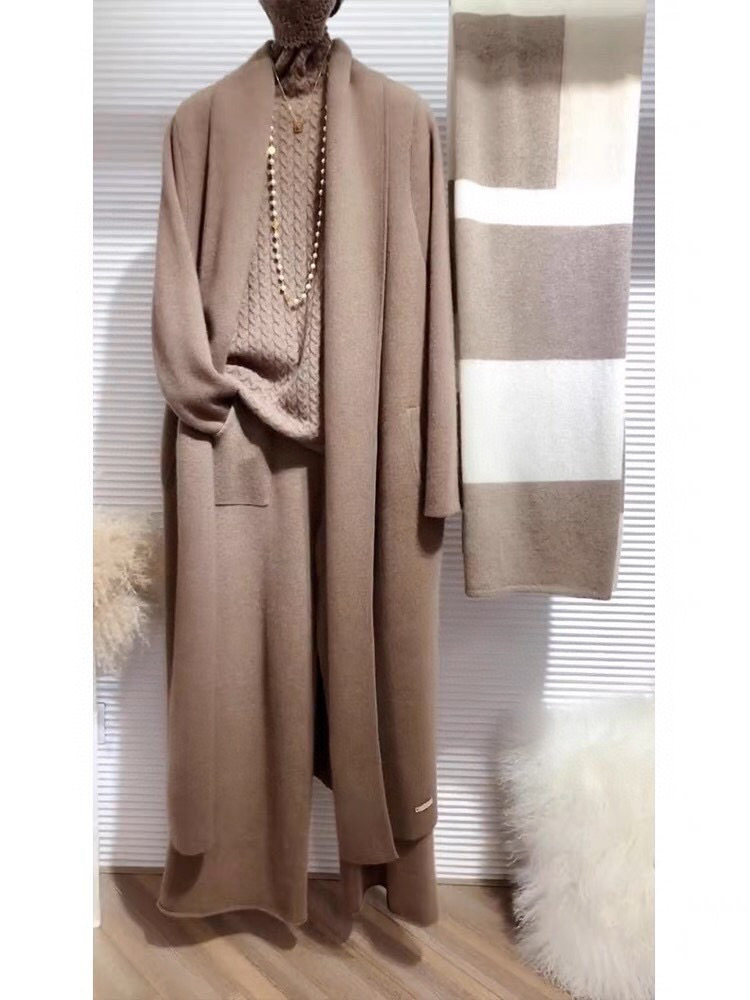 2024秋冬新款山羊绒开衫女长款过膝毛衣针织外套，女装羊绒大衣，五色羊羊绒