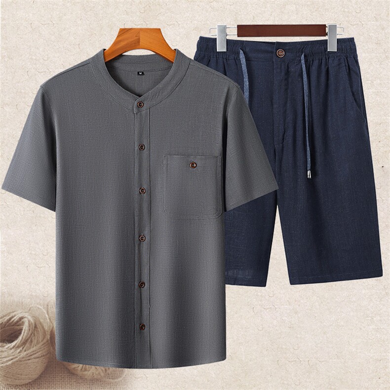 高端男士中老年风亚麻短袖衬衫短裤套装中年棉麻休闲T恤，男装牛仔裤，钱塘723