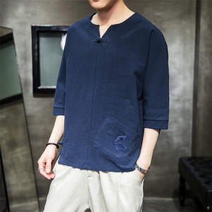 587 P45 室内风 风七分袖棉麻仙鹤刺绣加大码T恤图片