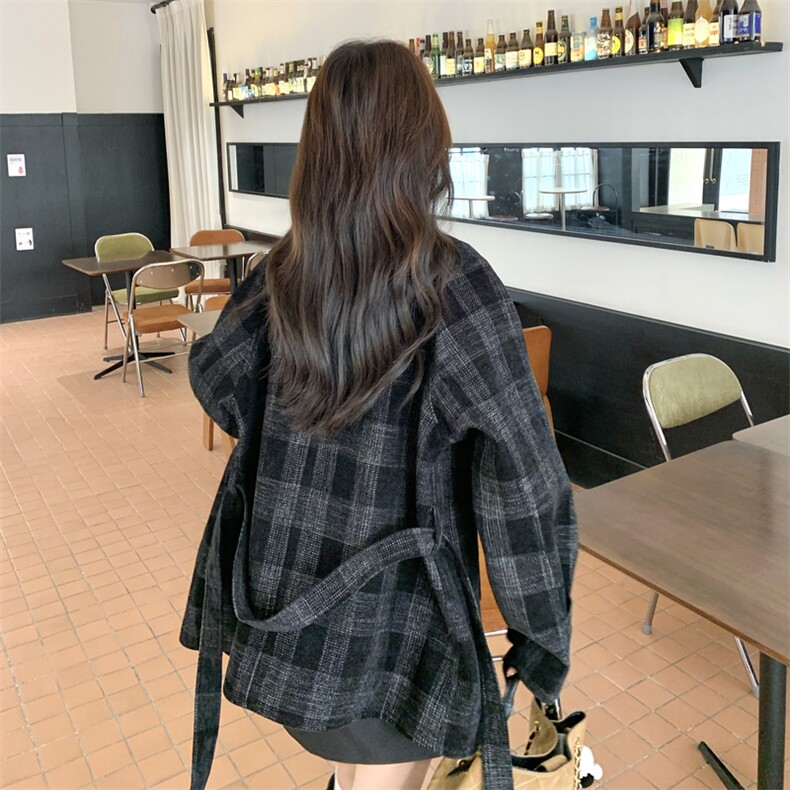 复古大码格纹毛呢外套女2025新款立领系带收腰气质保暖中长款大衣,女装短外套,2C305