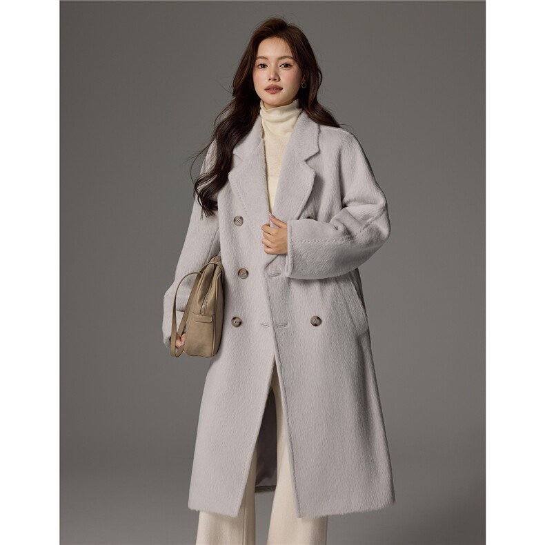 2025舒适百搭翻领收腰长袖羊毛大衣，女装双面呢大衣，荣图大衣