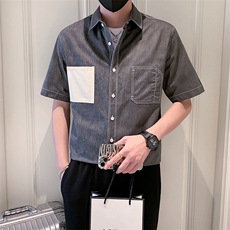 2025新款夏季牛仔衬衫男士短袖潮牌工装男士衬衣A313-1-W515-P58，男装T恤，电商A313-1