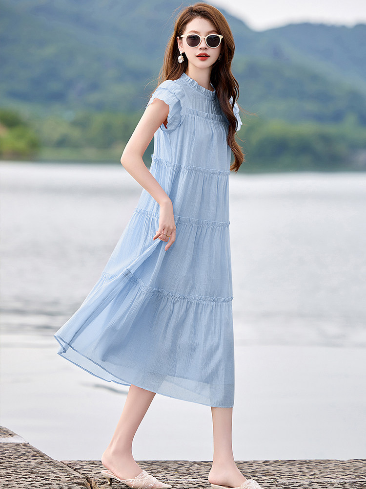 wynn256392法式木耳边飞飞袖连衣裙女甜美减龄中长裙2025夏连衣裙,女装连衣裙,丽美静依