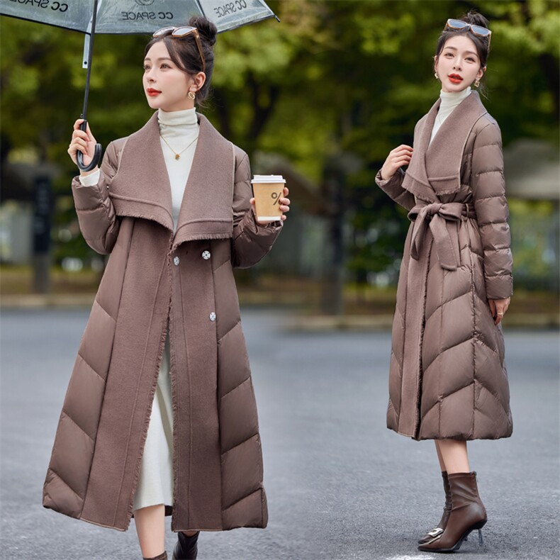 【bao款现货】2024新款冬装气质简约拼接流苏羊绒羽绒服白鸭绒,女装羽绒服,雅静靓衣