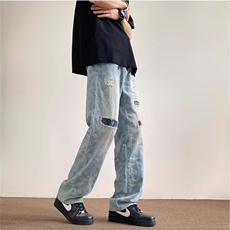 美式腰果花高街破洞牛仔裤男款水洗做旧微喇长裤KA7115-P53，男装牛仔裤，星座208-5