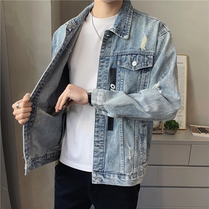JK302-P90-现货店主风牛仔夹克肥仔量足破洞印花大码图片