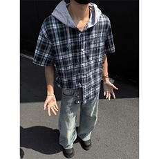 特批P32无差价夏季连帽格子港风短袖衬衫男宽松上衣外套CD5475，男装衬衫，电商A001