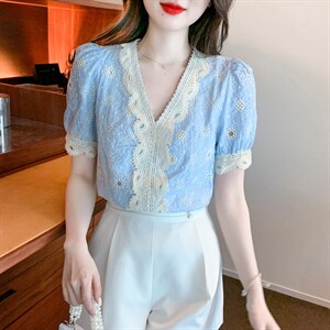 V领气质蕾丝衫洋气衬衫短袖小衫上衣，女装蕾丝衫/雪纺衫，美吧服饰