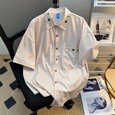 2025夏新款条纹短袖衬衫花朵刺绣半袖情侣男女班服现货W8601-P34，男装衬衫，星座512-4