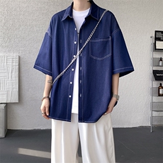 8XL-M冰丝牛仔短袖衬衫男款夏季薄款宽松慵懒衬衣外套DC28006P60，男装T恤，电商B312