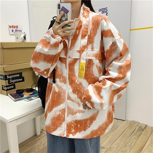 港风落肩宽松夹克秋季厚款扎染印花夹克男女情侣款宽松外套潮图片