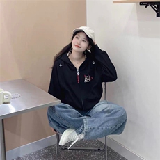 美式复古小恶魔豹纹连帽拉链卫衣男女春秋冬情侣开衫刺绣运动外套，女装短外套，星座506A