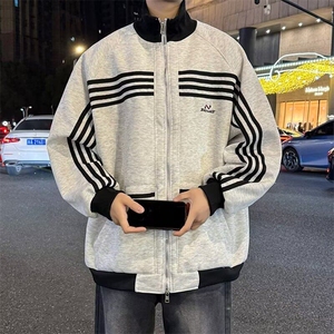 美式条纹户外夹克男秋高街潮牌复古外套宽松休闲立领上衣J653/P70