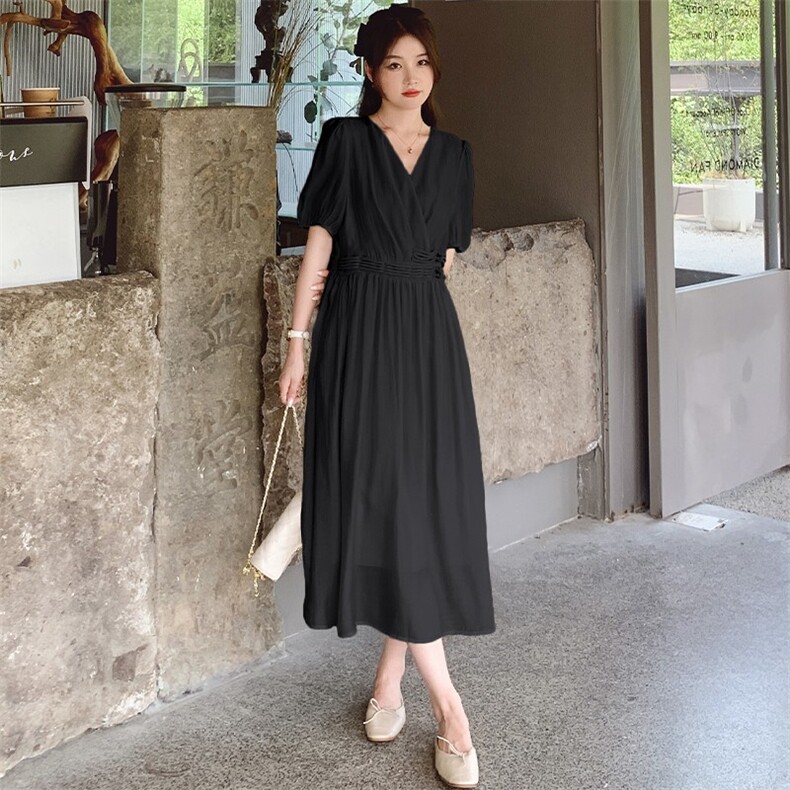 法式温柔风高级感V领连衣裙女2025夏季新款收腰显瘦设计感茶歇裙,女装连衣裙,浙宝305