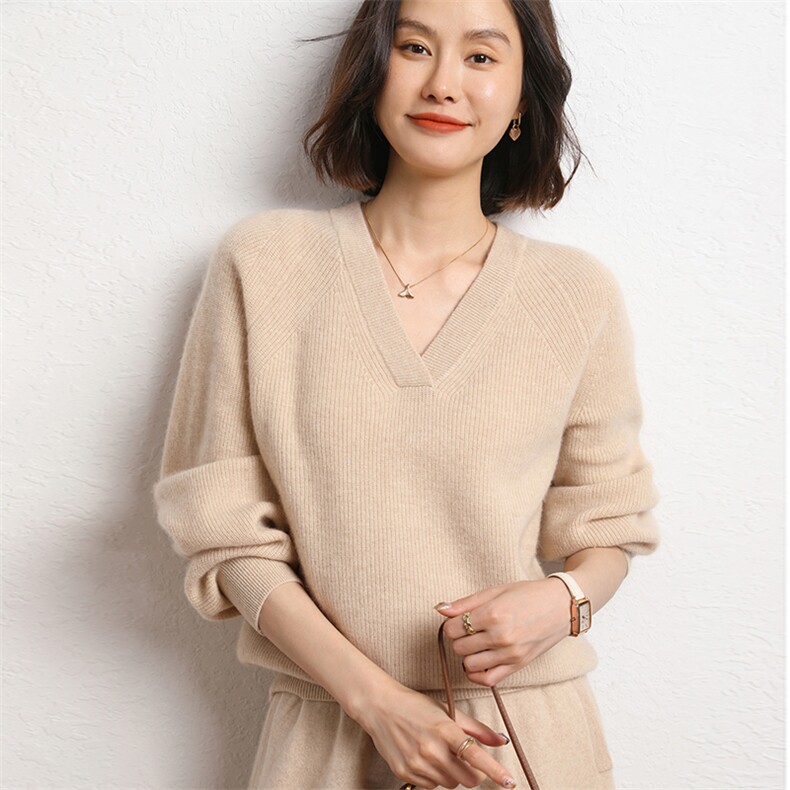 V领羊绒衫女宽松套头羊绒加厚纯色打底针织衫女,女装羊绒衫,五色羊羊绒