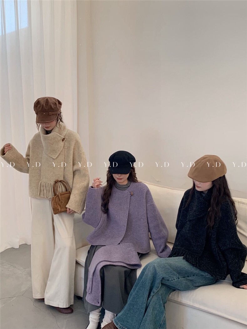 【依嘟】高端羊驼毛围巾款2025新款短款秋冬韩系气质羊毛外套，女装双面呢大衣，依嘟服饰