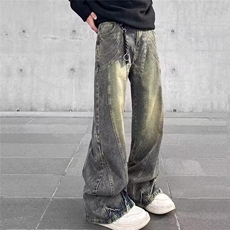 美式复古高街流线解构做旧黄泥染牛仔裤男潮ins阔腿微喇裤子，男装牛仔裤，星座506A