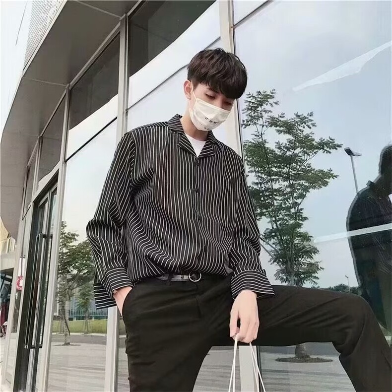 条纹衬衫男长袖韩版休闲宽松帅气寸网红学生修身潮流外套黑色衬衣,男装衬衫,星座1210-1