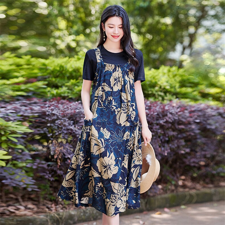 高级感背带裙套装女2025夏季新款高端欧货宽松遮肚吊带裙+短袖t恤,女装套装/套裙,1D073